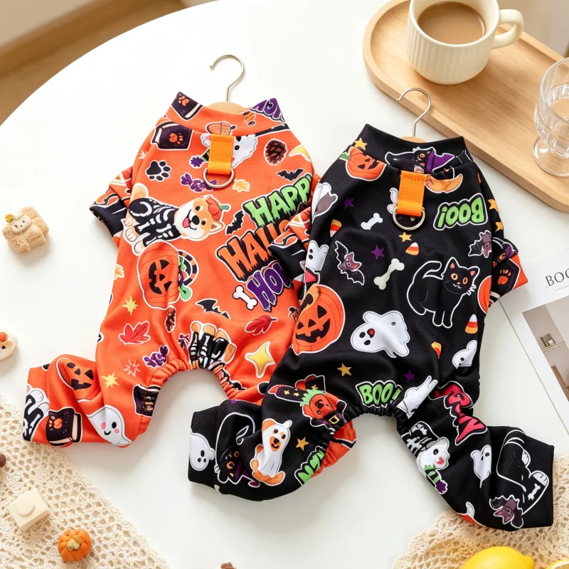 Halloween Print Dog Jumpsuit Soft Dog Clothes Cute Pet Pajamas Warm Puppy Romper Luxury Cat Overalls Holiday Party Poodle Outfit 1