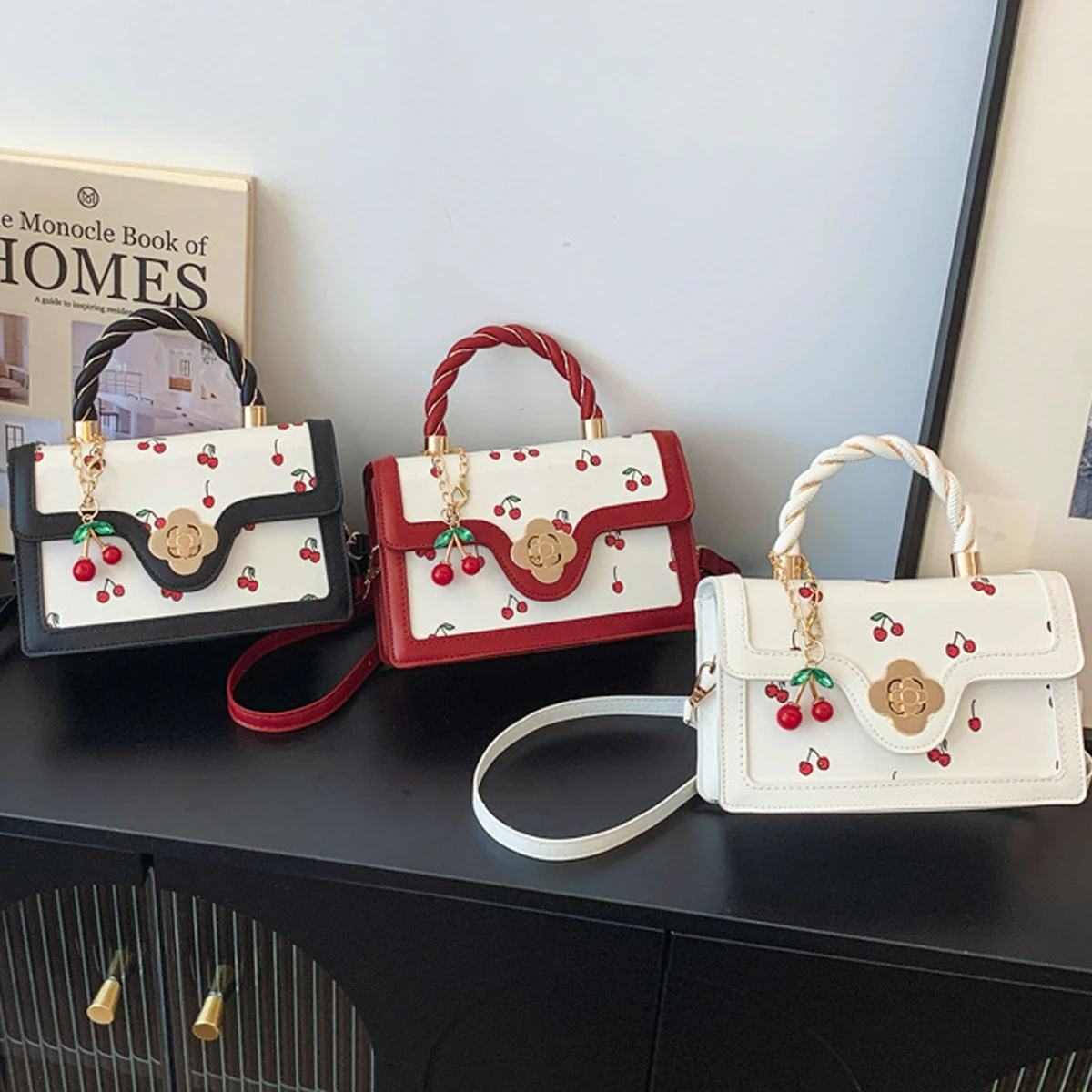 

Fashionable Cherry Print Handbag,High-Quality Versatile Tote Bag For Women, New Spring/Summer Crossbody Bag with Cherry Pendant