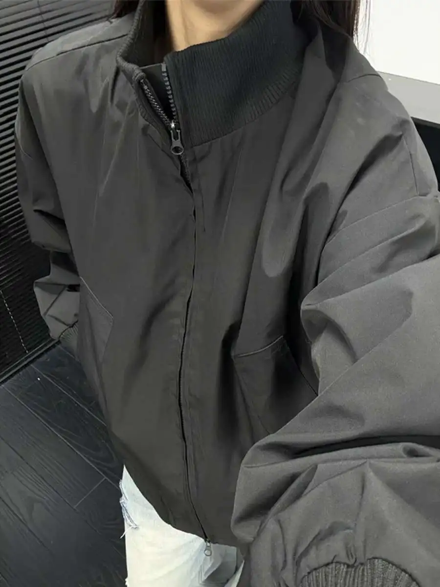 Chaqueta Corta Estilo Piloto Estudiantil, Moda Masculina, Ropa de Calle Otoñal, Chaqueta de Béisbol con Cuello Alto, Tejido d...