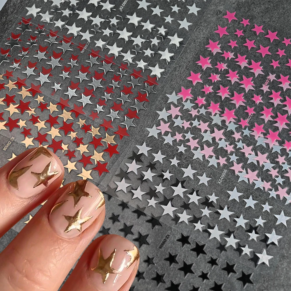 8Pcs 3D Bronzing Black White Pink Red Star Nail Stickers Gold Silver Laser Pentagram Adhesive Decals DIY Stars Manicure Sliders