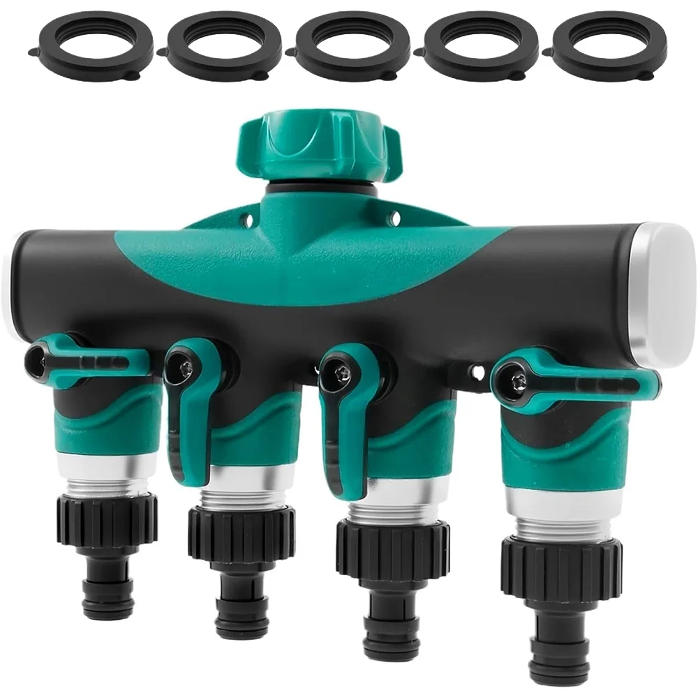 Heavy Duty Metal 4 Way 3/4'' Thread Faucet Splitters with Shut Off Valves for Garden Hose Adapter Outdoor Water Tap Connectors