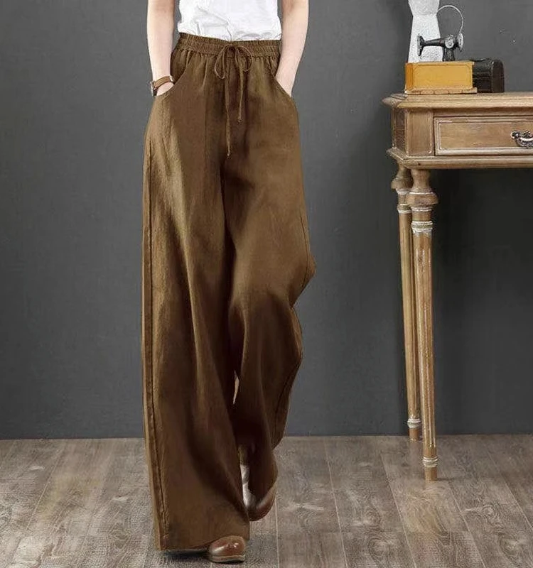 Pantaloni da donna larghi in lino di cotone a gamba larga a vita alta Pantaloni lunghi casual con cintura Coreano Sle Pendolarismo Vento Estate Modello sottile