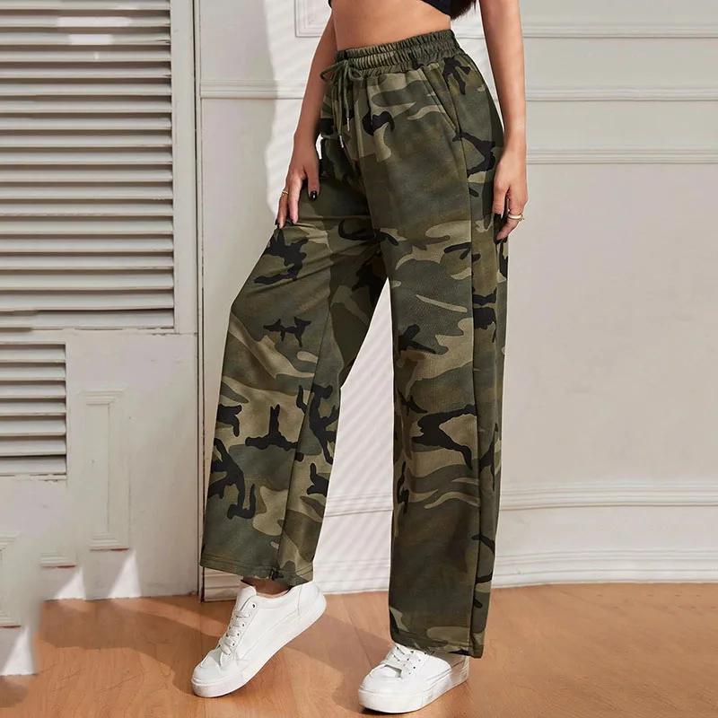 Lucyever Camouflage Farbe gerade Hosen Frau Vintage hohe Taille Kordel zug weites Bein Hose weibliche Streetwear Freizeit hose