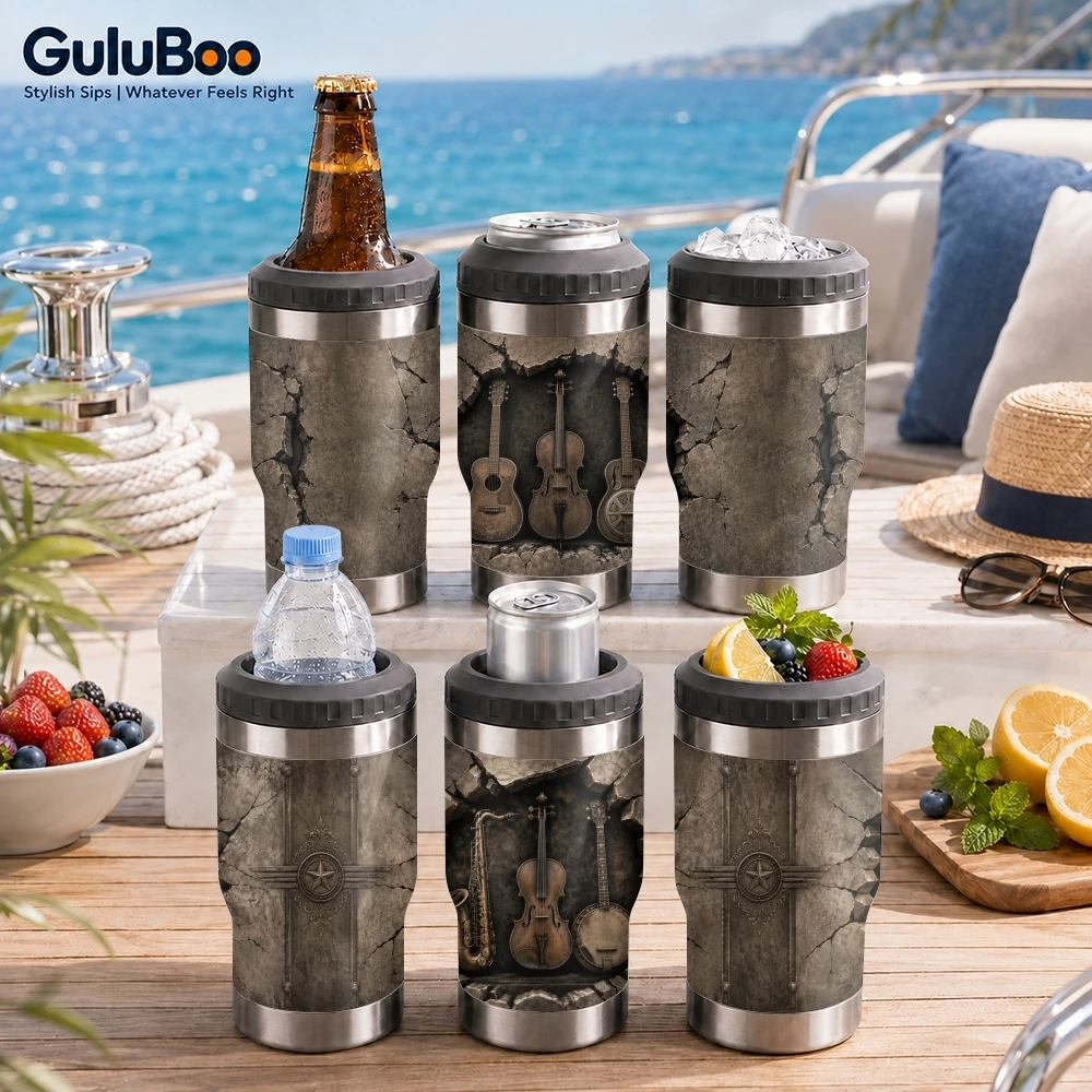 Vintage Musical Instrument Collage Vacuum Flasks 4-in-1 Insulated Beer Can Cooler Double-Wall Stainless Steel Coozie Coffee Cup