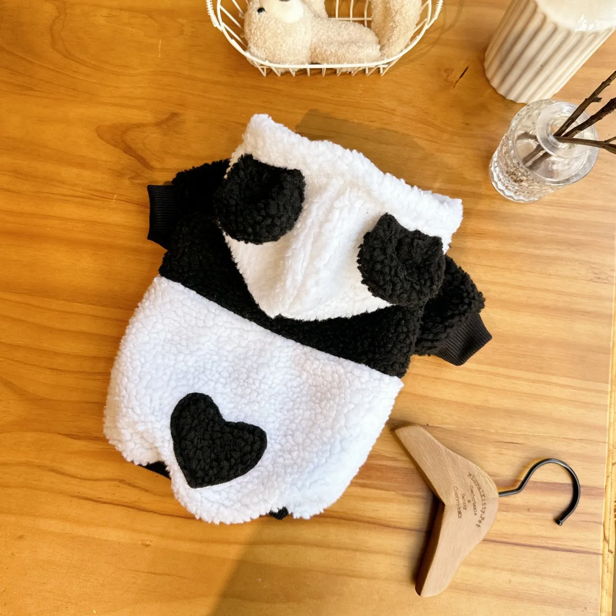 386A Cozy and Comfortable Panda Hoodie Featuring a Black and White Patchwork Design Made from Lambskin Material