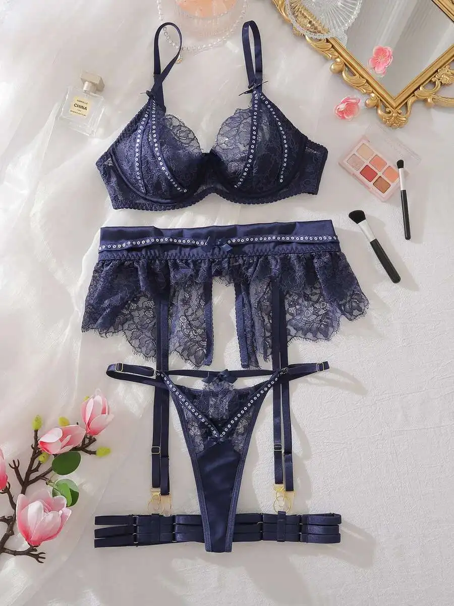 2025 Sexy Badeanzug Vier Stück Set Aushöhlen Mesh Spitze Sheer Sammeln Körper Charme Bh Set Bikinis Frauen Bikini Hohe Taille 5MJK