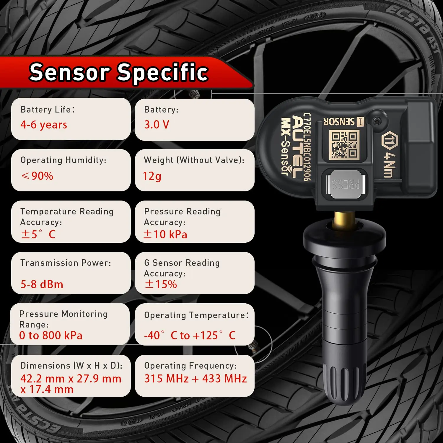 Autel TPMS Sensor MX-Sensor 2in1 315MHz + 433MHz Tire Replacement Sensor OE-Level Programmable & Cloneable TPMS Pressure Sensor