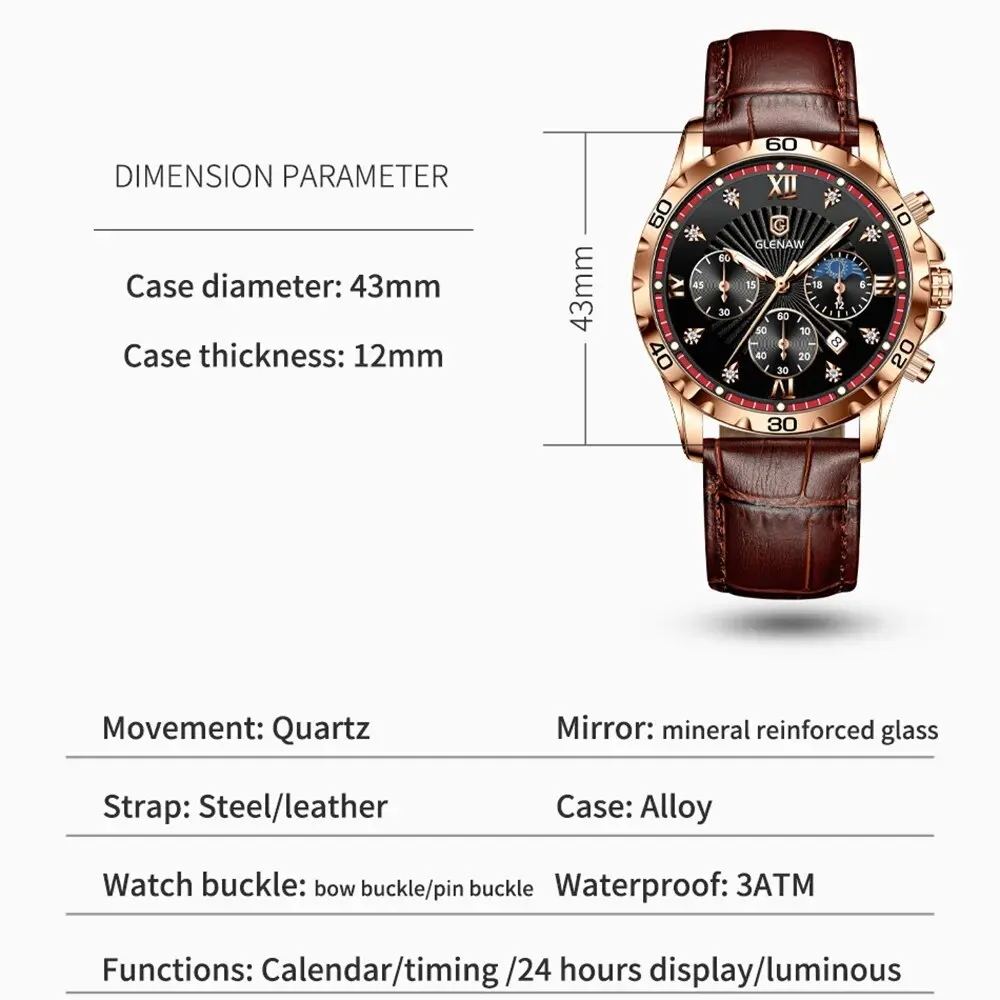 GLENAW 2023 New Men Automatic Quartz Watch For Men Top Brand Military Sport Chronograph Stainless Steel Waterproof Clock Relogio