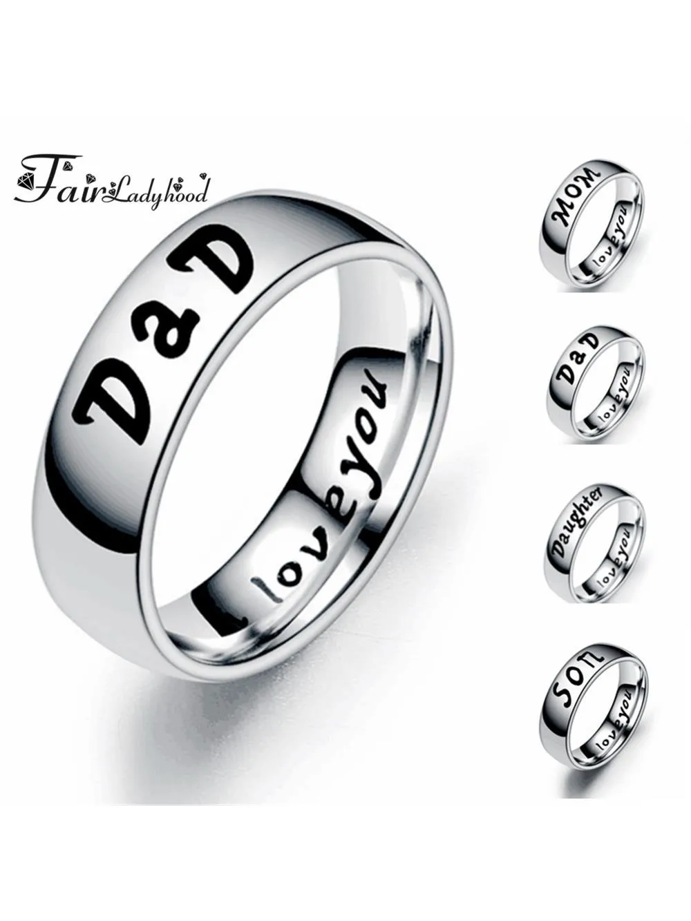 FairLadyHood-Bagues en acier inoxydable pour hommes et femmes, bijoux classiques, "Love You MOM Destroy D SON FILLE", membres de la famille