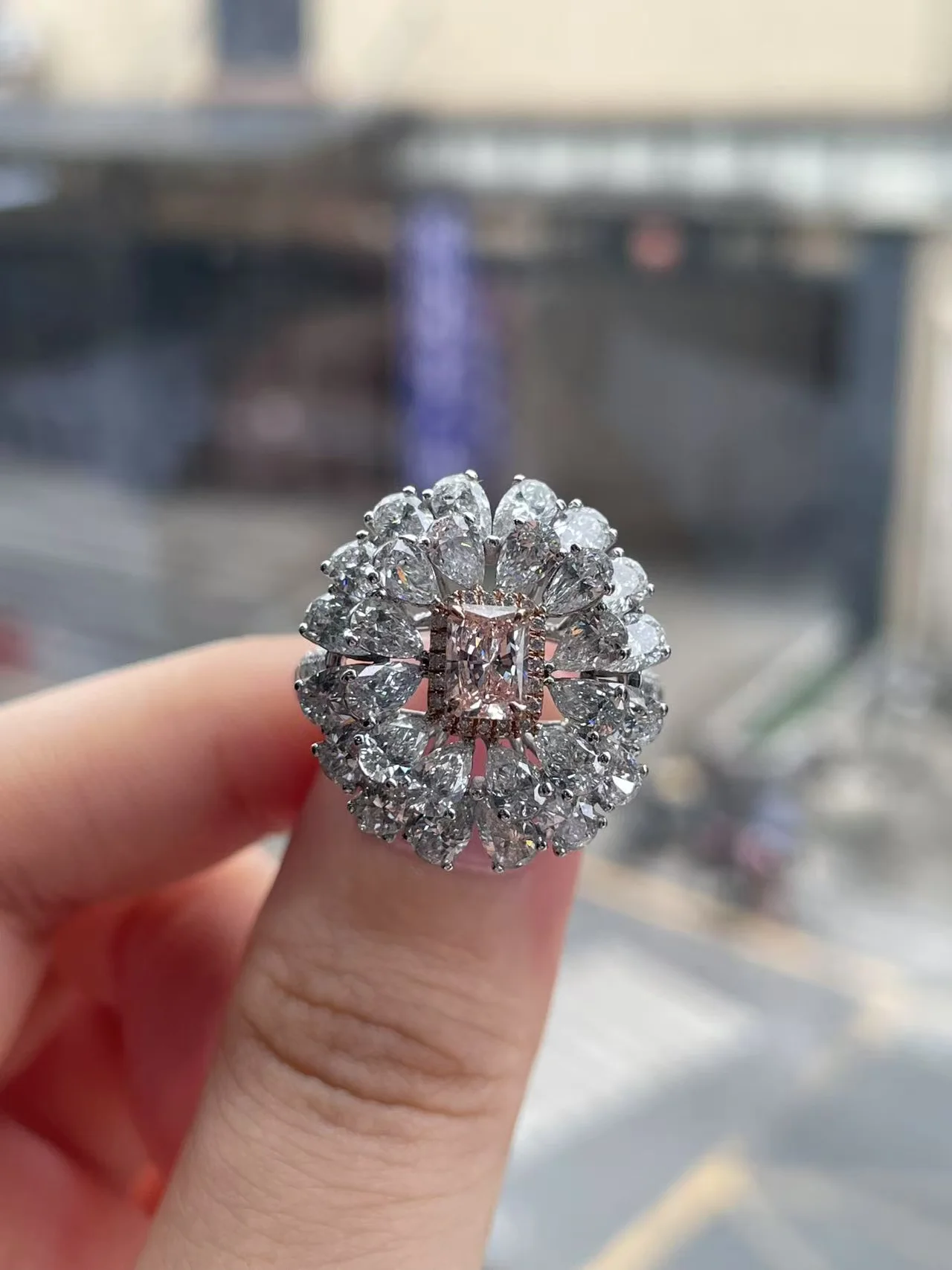 0.5Ct Fancy Pink Radiant Cut & White Side Stones  4.9ctw Pear Cut Lab Grown Diamond Ring CVD HPHT NGIC Certificate 14K Color