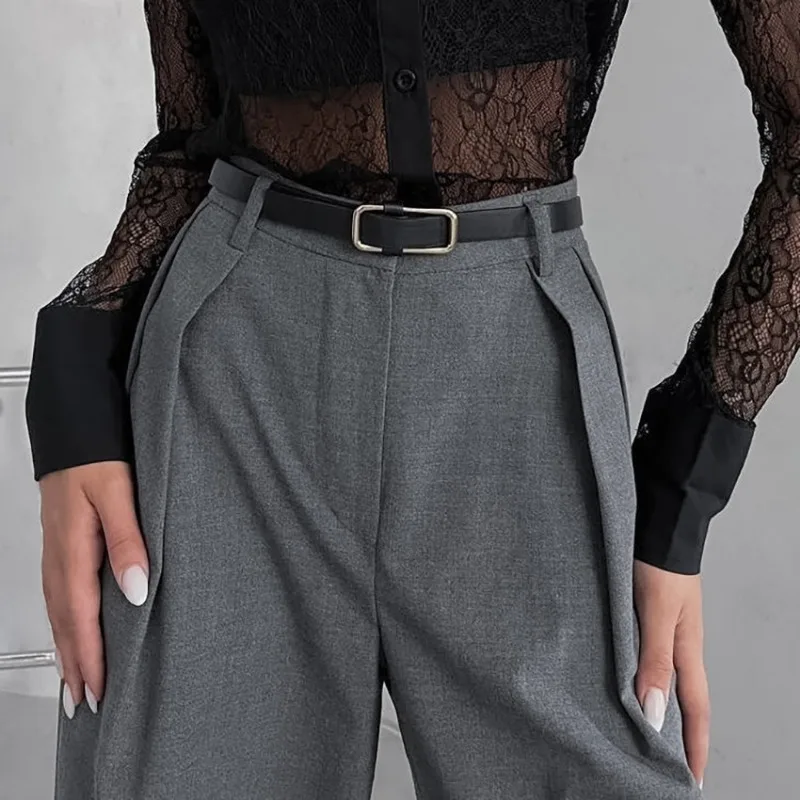 New Women's Solid Casual High Waist Fashion Pants Temperament Commuting Pocket Design Female Elegant Wide Leg Blazer Trousers