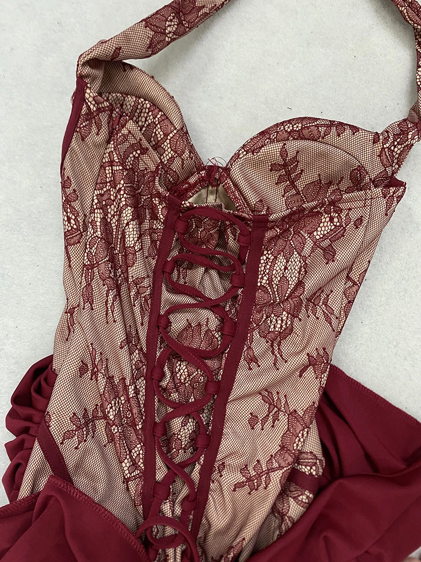 Elegantes Abendkleid mit Neckholder, Spitzenkorsett, Maxi-Länge, Drapierter Rock mit Hohem Schlitz, Schnürung am Rücken, Formelles Ballkleid für Hochzeit und Party – Detail 16