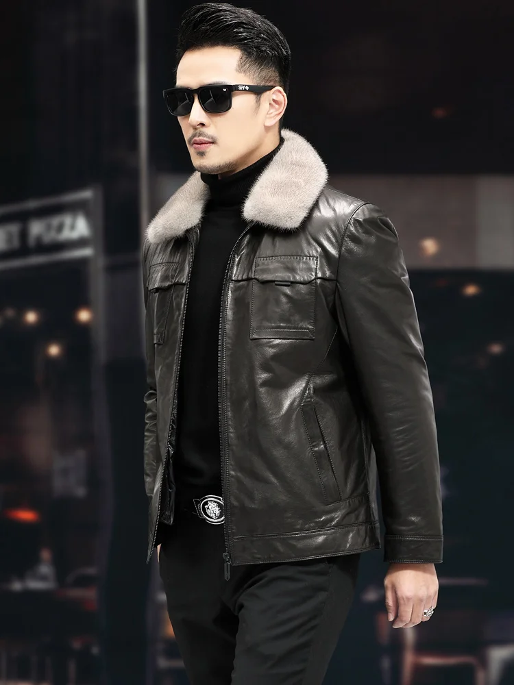 Autumn and Winter Leather Coat Men's Genuine Leather down Jacket Detachable Liner Mink Collar Short Leather Jacket