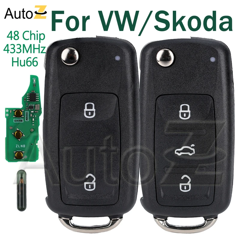 Flip Remote Key For VW Volkswagen Passat Golf 4 5 6 Polo Beetle Eos Jetta Tiguan Rapid Skoda Seat 433MHz ID48 Hu66 Car Smart Key