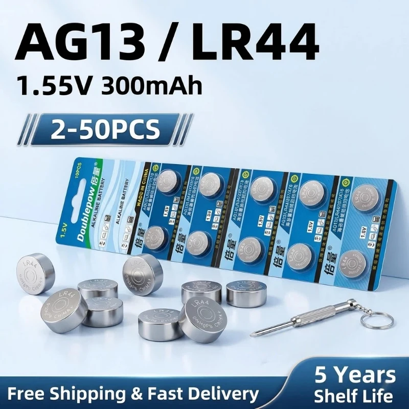 

Doublepow 2-50pcs LR44 AG13 Battery 1.5V Alkaline Button Coin Cell L1154F SR44 A76 for Watch Toy Calculator Hearing Aid