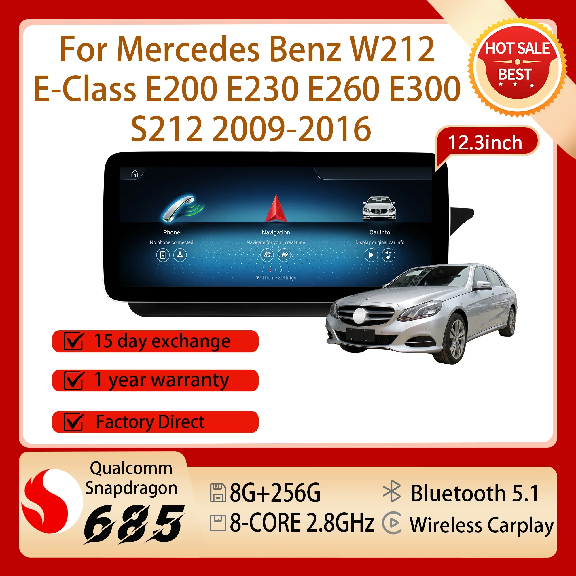 12.3'' Right Hand Drive For Mercedes Benz W212 E-Class E200 E230 E260 E300 S212 2009-2016 Snapdragon 680 Radio Android 14 Screen