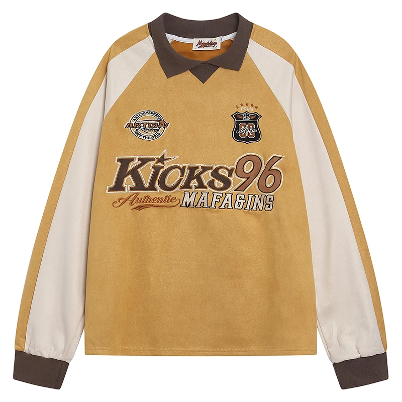 

Faux Suede Rugby Shirt Long Sleeve Polo Collar Vintage Retro Color Block Embroidered Streetwear Men Oversized Casual Top Tshirts