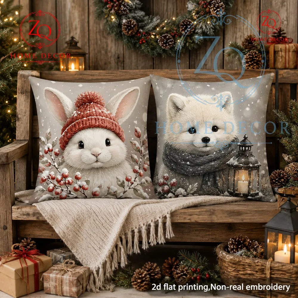 Winterthemed soothing bunny pillowcase knitted h red berries snow scene st furnishing item Christmas home sa cushion cover