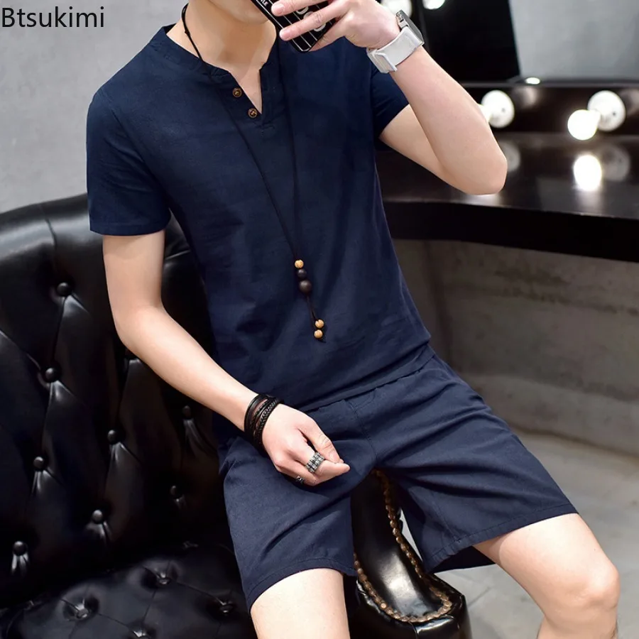 2024 Summer Tracksuit Men's Short Sleeve T-shirt and Shorts Sport Casual Suit Loose Breathable Cotton Linen Two Piece Sets Male