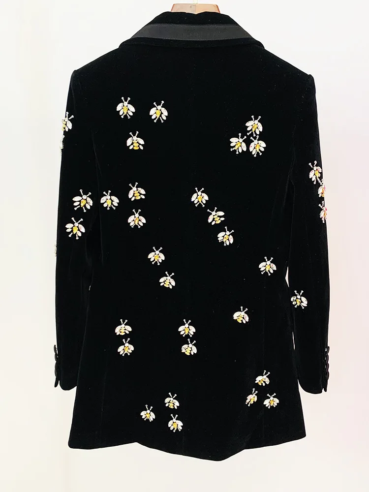 Black Velvet Blazer WomenDiamond Studded Pearl Bee Jacket for Party Wedding Wear Slim Fit Bee Diamond Studded Velvet Suits Coat