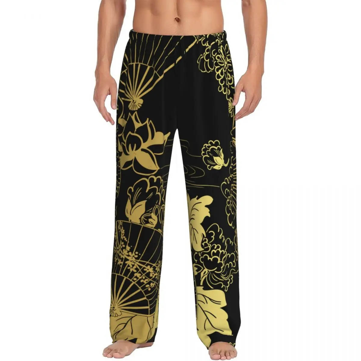 Gold Japanese Chinese Fan Flower Umbrella Men Sleep Bottoms Male Lounge Trousers Men's Pajama Pants