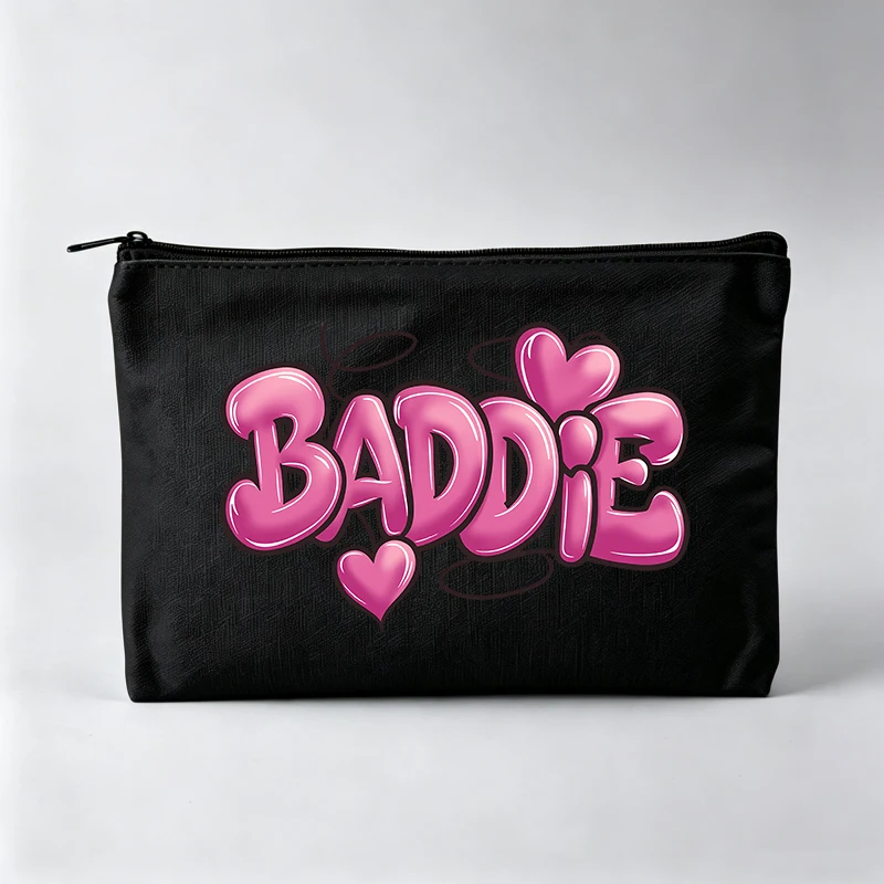 Women's Letter Print Makeup Bag with Heart Design, Fashion Cosmetic Pouch for Daily Use