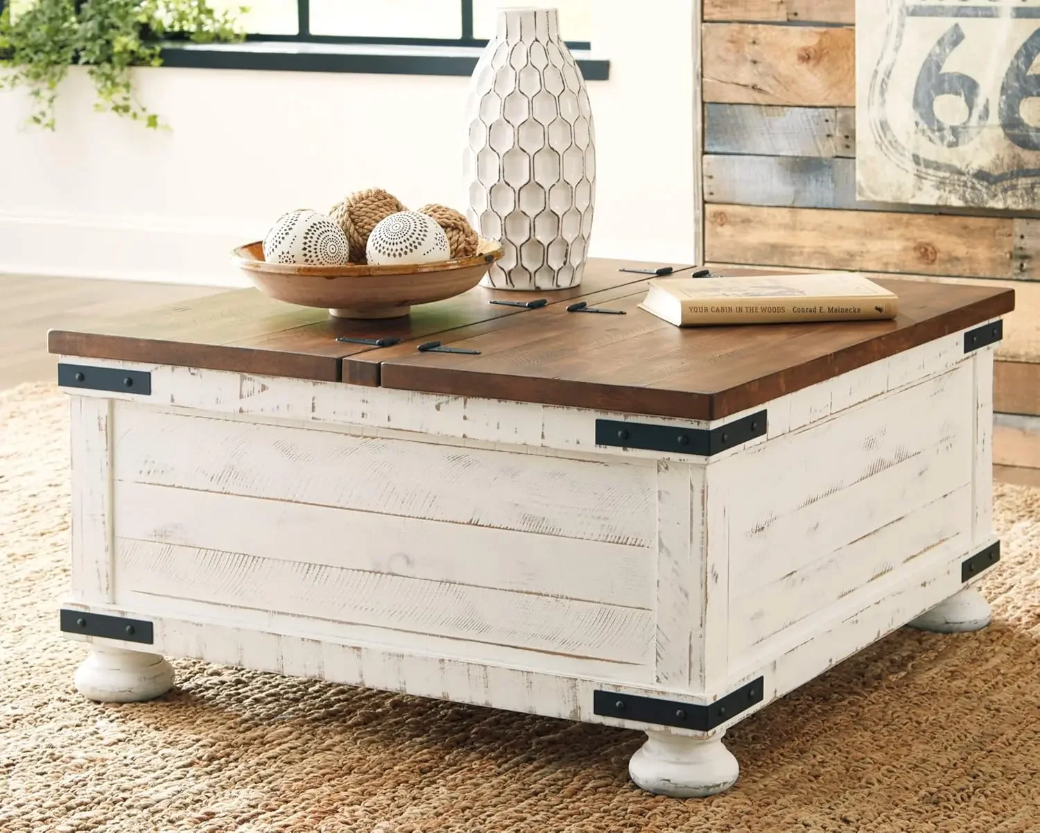 Farmhouse Square Storage Coffee Table with Hinged Lift Top, Distressed White