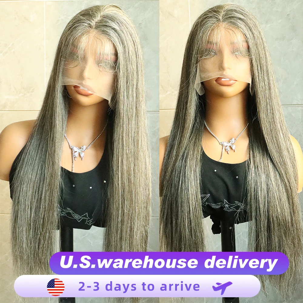 

300% Density 13X6 HD Lace Front Wig Human Hair Pre-Cut Straight Lace Frontal Wigs Salt & Pepper Gray Color Human Hair For Women
