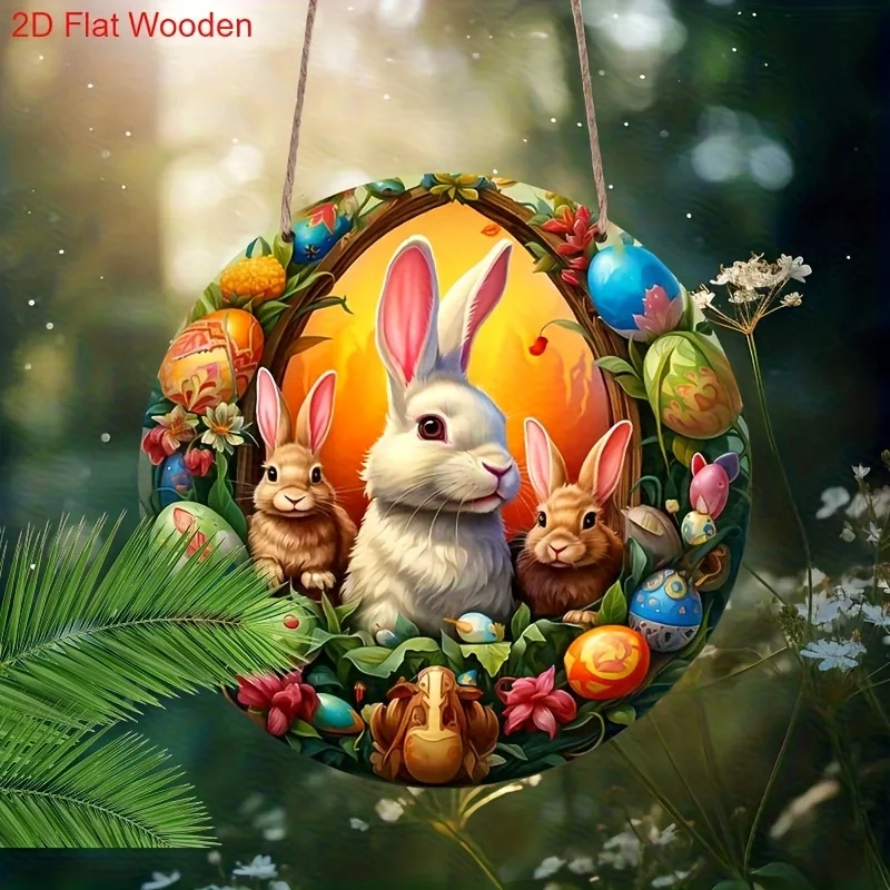 2D Flat- 1pc 2D Flat Wooden Easter Sign | Round Sign, Easter Bunny Sun Catcher, Stained Glass Hanging, Wreath Centerpiece, Room