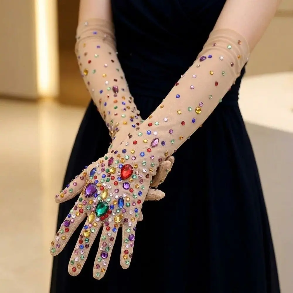 Elegant Sparkling Rhinestone Gloves Luxurious Stretch Crystal Mesh Gloves Full-Finger Thin Perspective Gloves Women