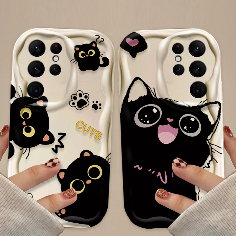 Funny Big Eyes Black Cat Case For Samsung Galaxy S26 S25 Ultra S24 S23 S22 Plus S21 FE A07 4G A17 A37 A57 5G Silicone Soft Cover