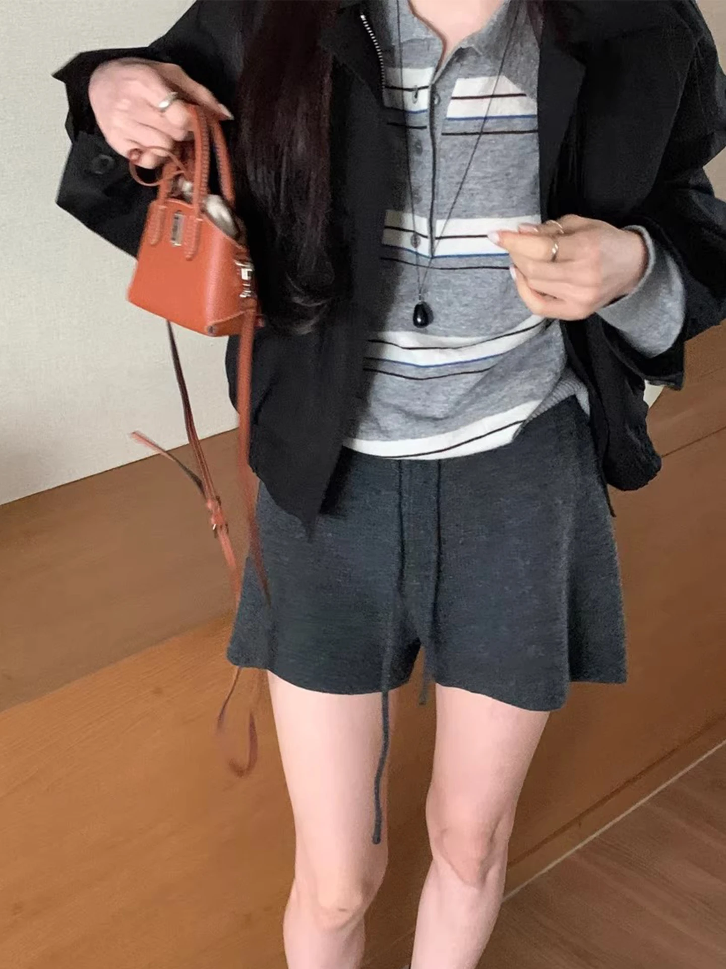 시크한 가을 겨울 신상 레트로 안티에이징 네이지 루즈 컬러 블록 롱 스트라이프 니트 스웨터 여성용