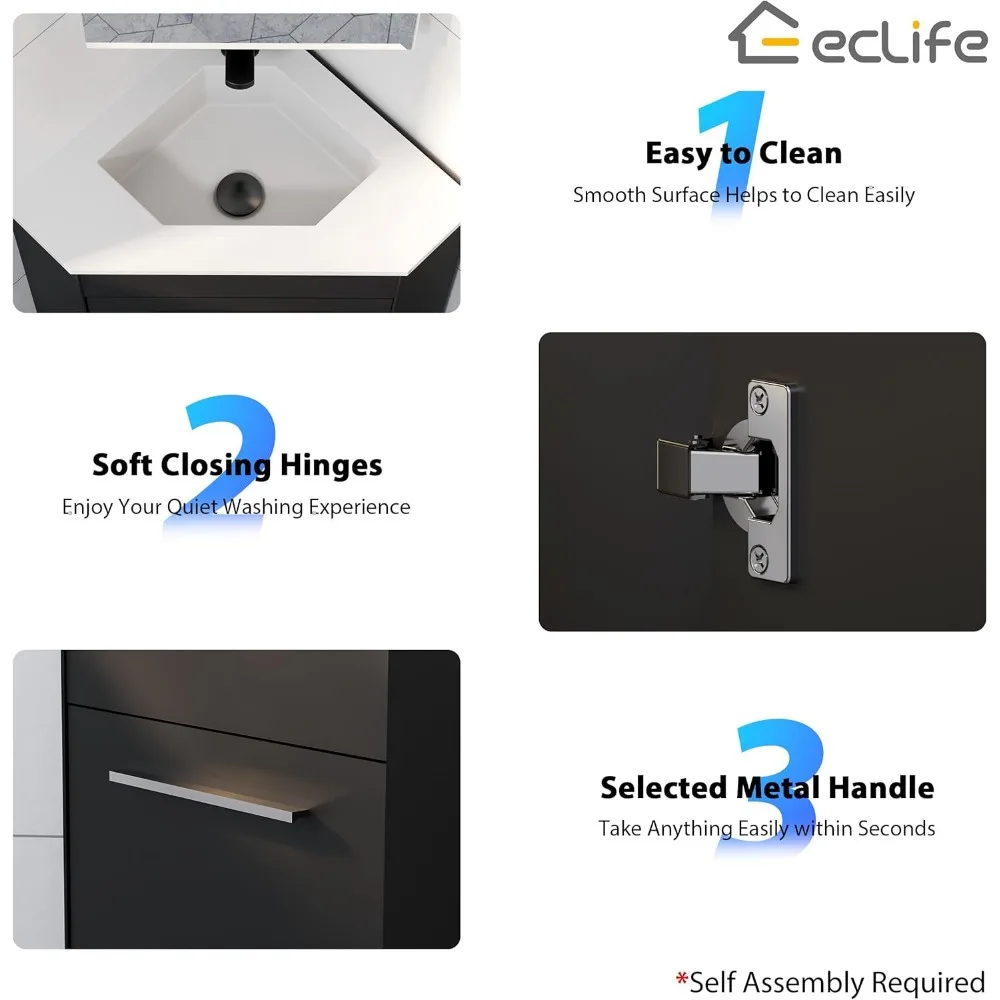 26-дюймовый угловой туалетный столик для компактных ванных комнат — белая раковина и матовый черный шкаф