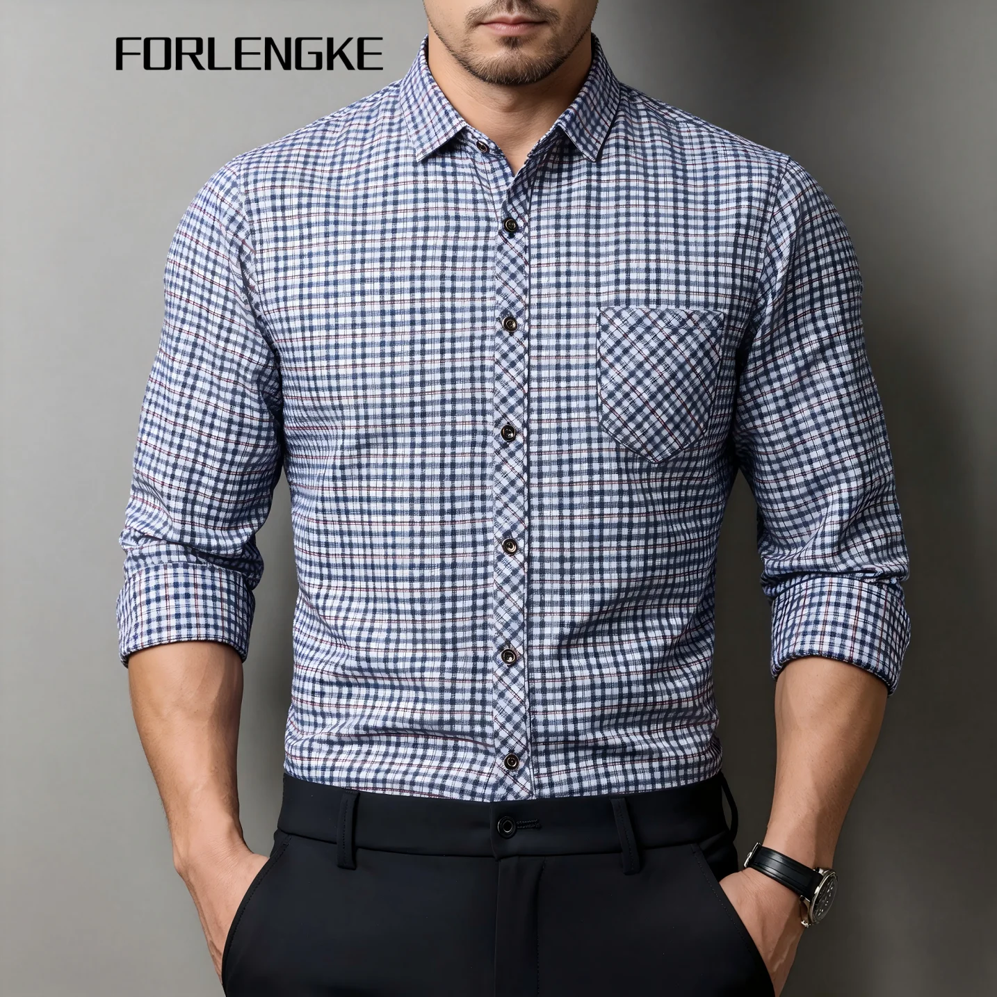 FORLENGKE Men Casual Small Plaid Long Sleeve Shirt, Soft Breathable Regular Fit Pocket Button Up Top For Spring Autumn Daily Off