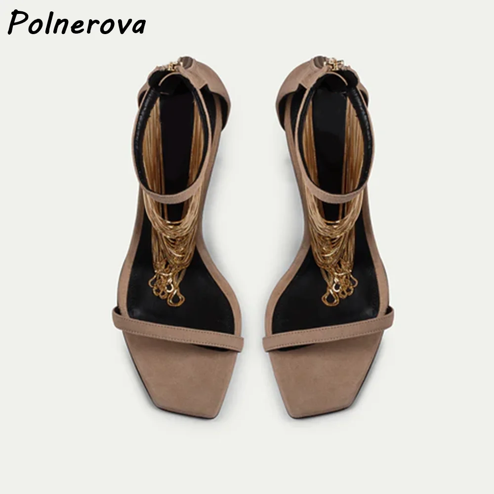 Gold Fringe Sandals Ankle Band Straight Strap Back Zipper Square Toe Thin Heels Sexy Shoes Women's Summer Stiletto Banquet Shoes