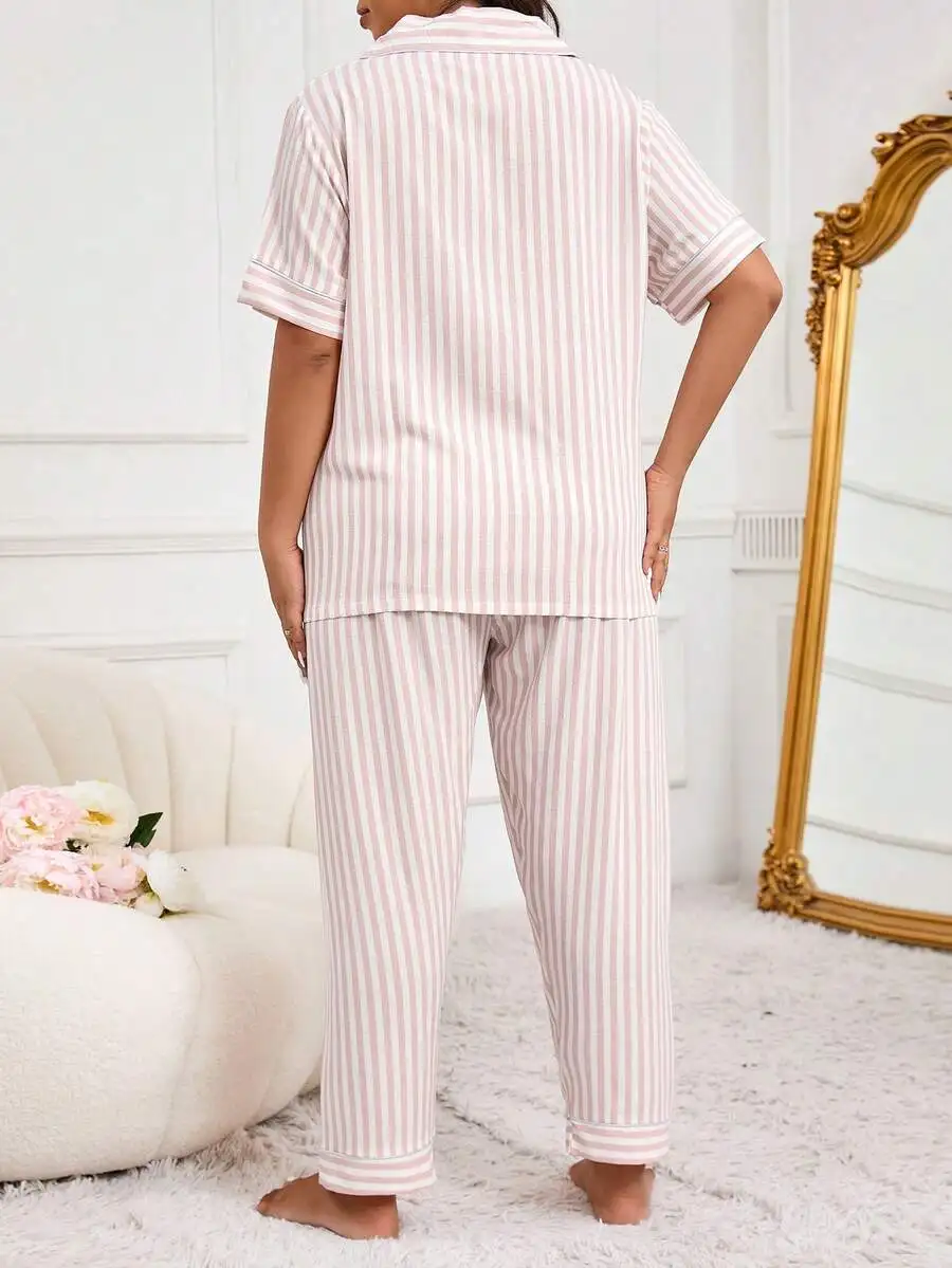 

Short Sleeve Loose Pajama Set With Pink And White Striped Print