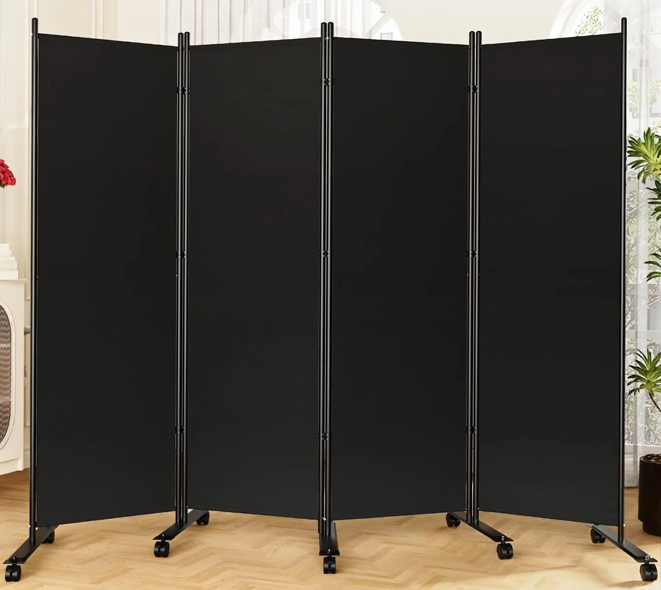 Pantalla de Privacidad Plegable de 6 Pies con Ruedas Bloqueables, Separador de Habitaciones Portátil de 4 Paneles para Oficina en Casa, Negro