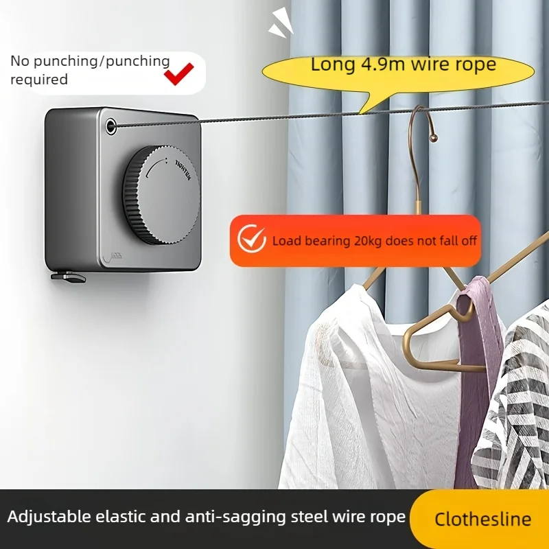 Indoor and Outdoor Wire Clothesline, Retractable and Hidden Storage, Dual-Purpose Installation with or Without Drilling, Compact
