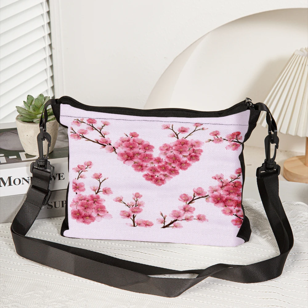 Cherry Blossom Heart Pattern Crossbody Bag Pink Floral Print Shoulder Bags For Women Casual Daily Use Travel Shopping Carry All