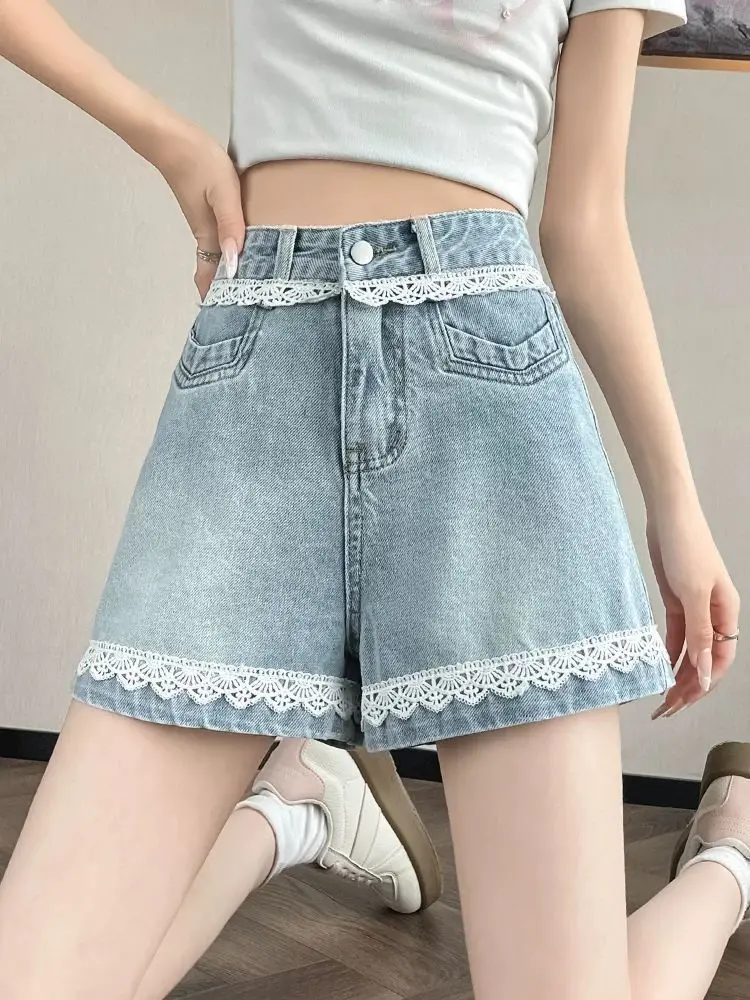 

Blue Lace Denim Shorts for Women New Summer A-Line High-Waisted Wide-Leg Pants Kawaii Harajuku Shorts Jeans Streetwear New