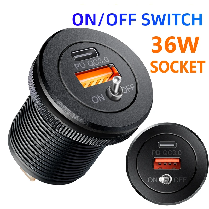 

12V/24V USB Outlet SOCKET 36W 2Port Dual PD USB C Car Charger Socket and Quick Charge 3.0 USB Charger with Power Switch