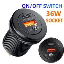 12V/24V USB Outlet SOCKET 36W 2Port Dual PD USB C Car Charger Socket and Quick Charge 3.0 USB Charger with Power Switch