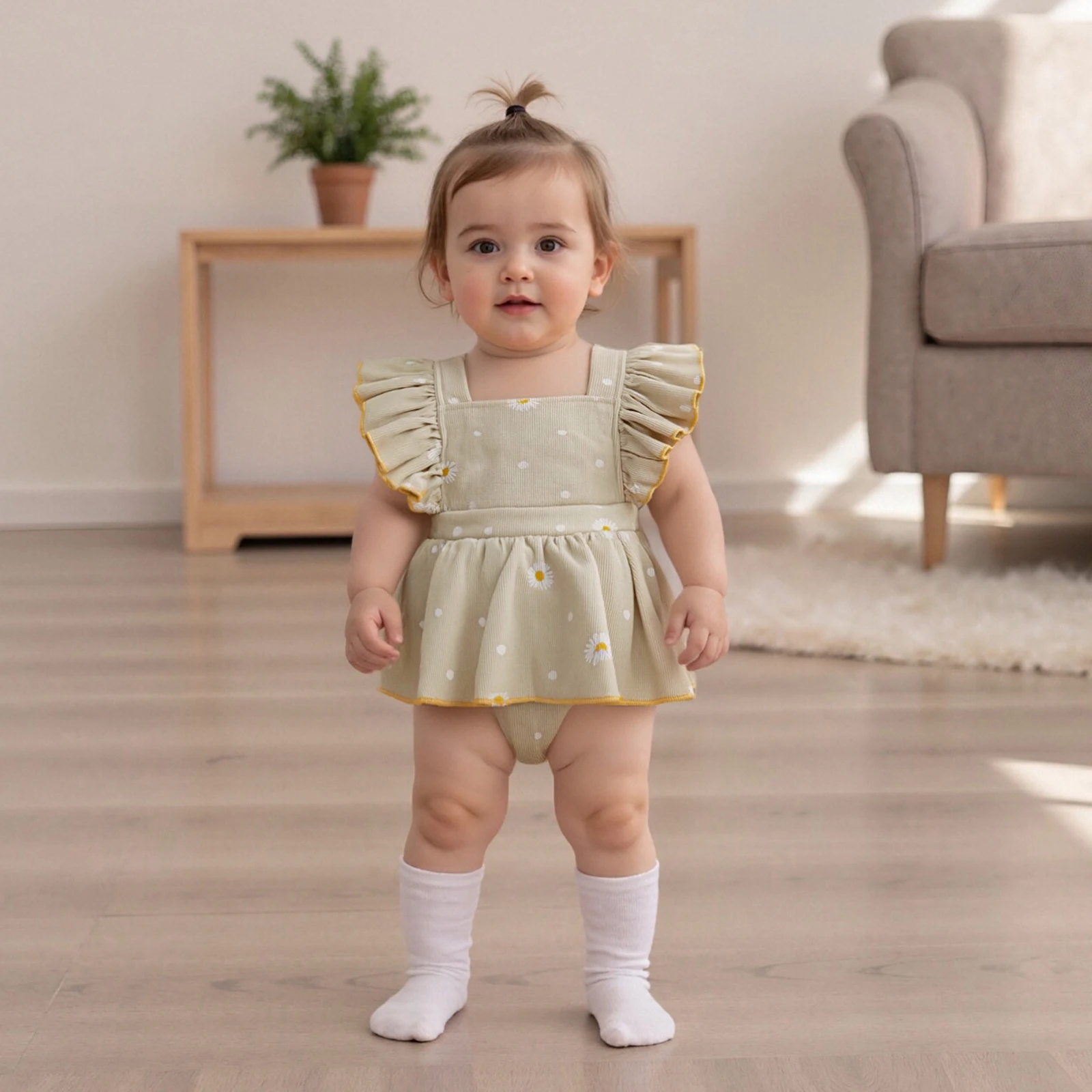 طفلة الخريف الملابس أزياء ديزي دوت طباعة أكمام ساحة طوق رومبير اللباس #4