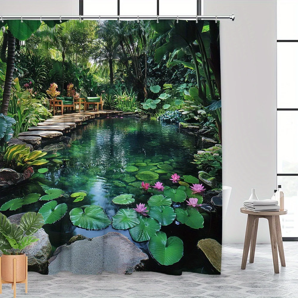 Lush Tropical Pond Waterfall Shower Curtain Bathroom Decor Green Nature Scenery Waterproof Curtain