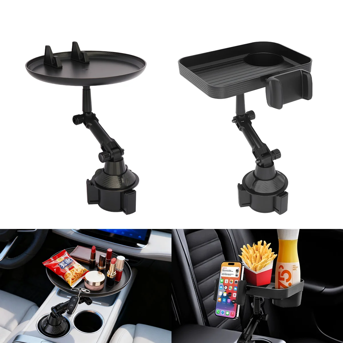 Car Cup Holder Tray With Phone Holder Round/Square Shaped Food Tray Table for Eating Drinking Portable Car Interior Accessories
