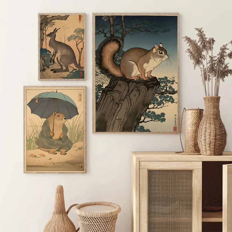 Vintage Japanese Ukiyo E Animal Beaver Bear Parrot Rabbit Giraffe Art Poster Canvas Painting Wall Prints Picture Room Home Decor