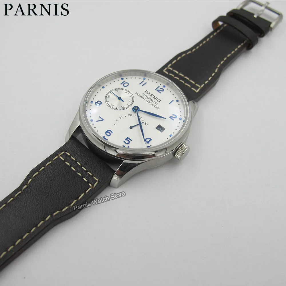 Parnis 43mm Power Reserve Automatic Movement Men's Boys Casual Watch White Dial Wristwatch
