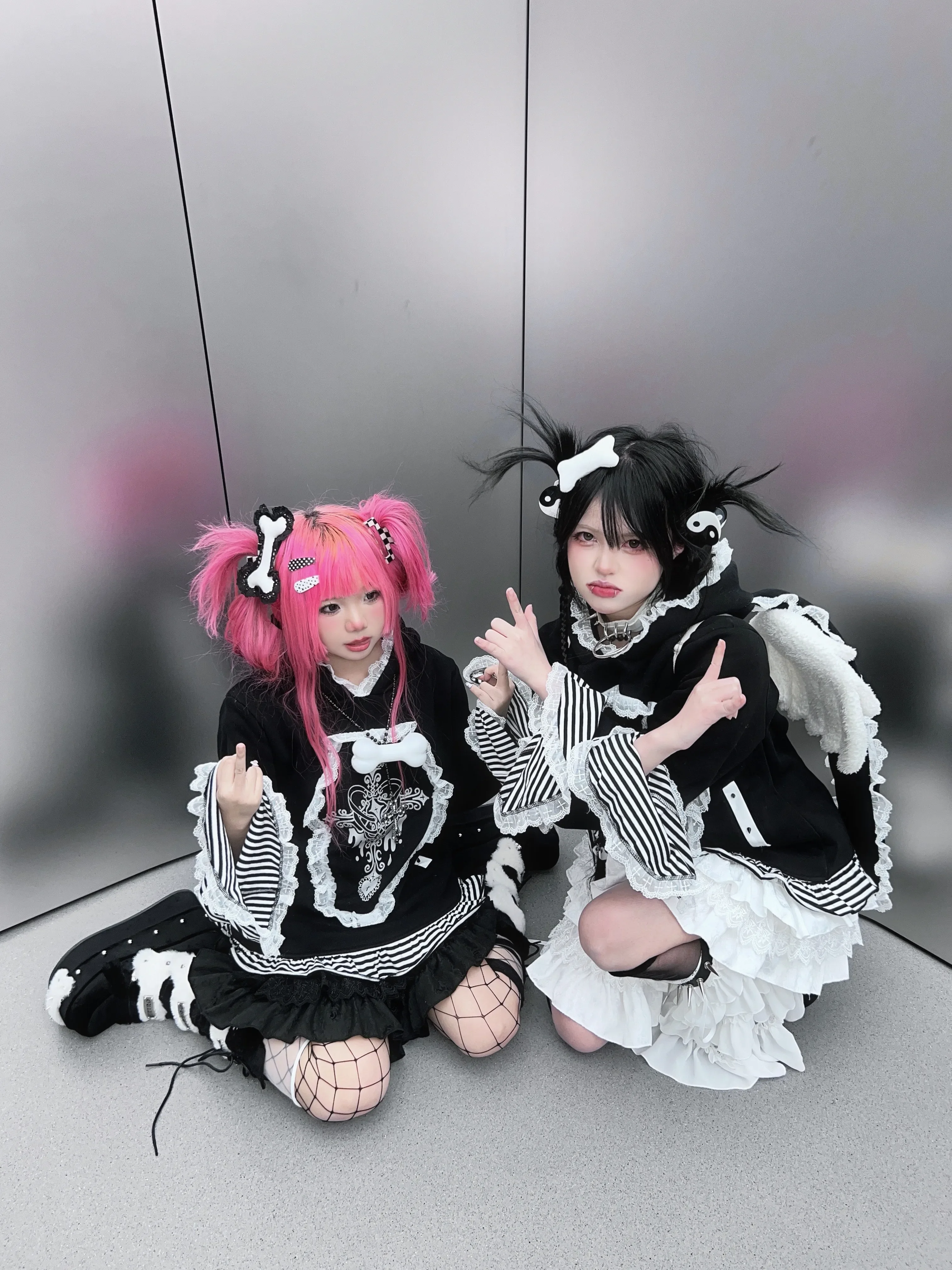 Oversized Hoodie Women Subculture Rabbit Ear Straps Mine Hoodies Hot Girl Cute Lace Striped Splicing Color Horn Sleeve Coats