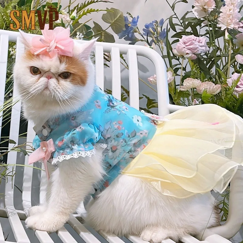 Korean Fashion Pet Hanbok Dress Blue Floral Puff Sleeve Blouse Embroidery Butterfly Decor Multi-Layer Fluffy Yellow Tulle Dress