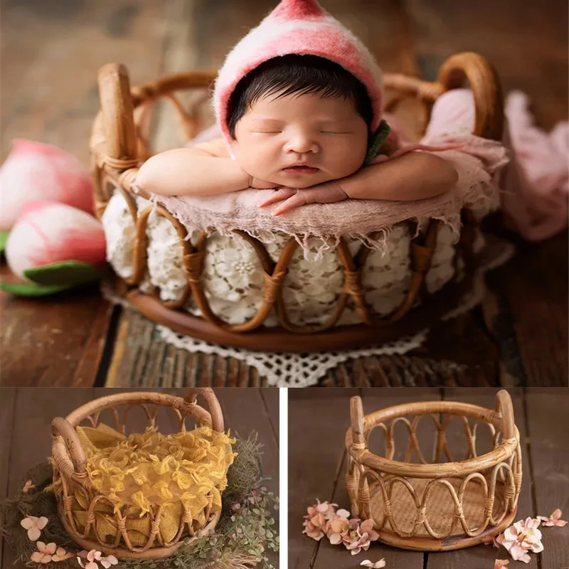 Silla de fotografía para recién nacido, cesta redonda Vintage de ratán nostálgico, cuna tejida a mano, suministros de fotografía infantil